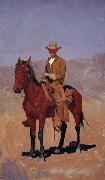 Frederic Remington Mounted Cowboy in Chaps with Bay Horse oil painting on canvas